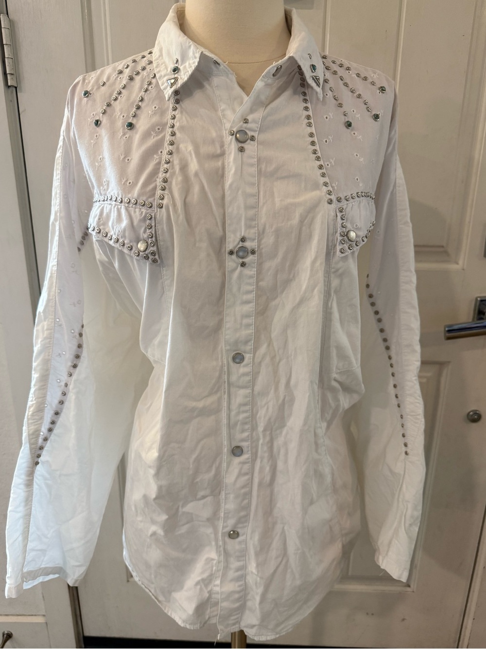 VTG 80s Freego White Western Prairie Relaxed Blouse Studded Eyelet Dolman Med